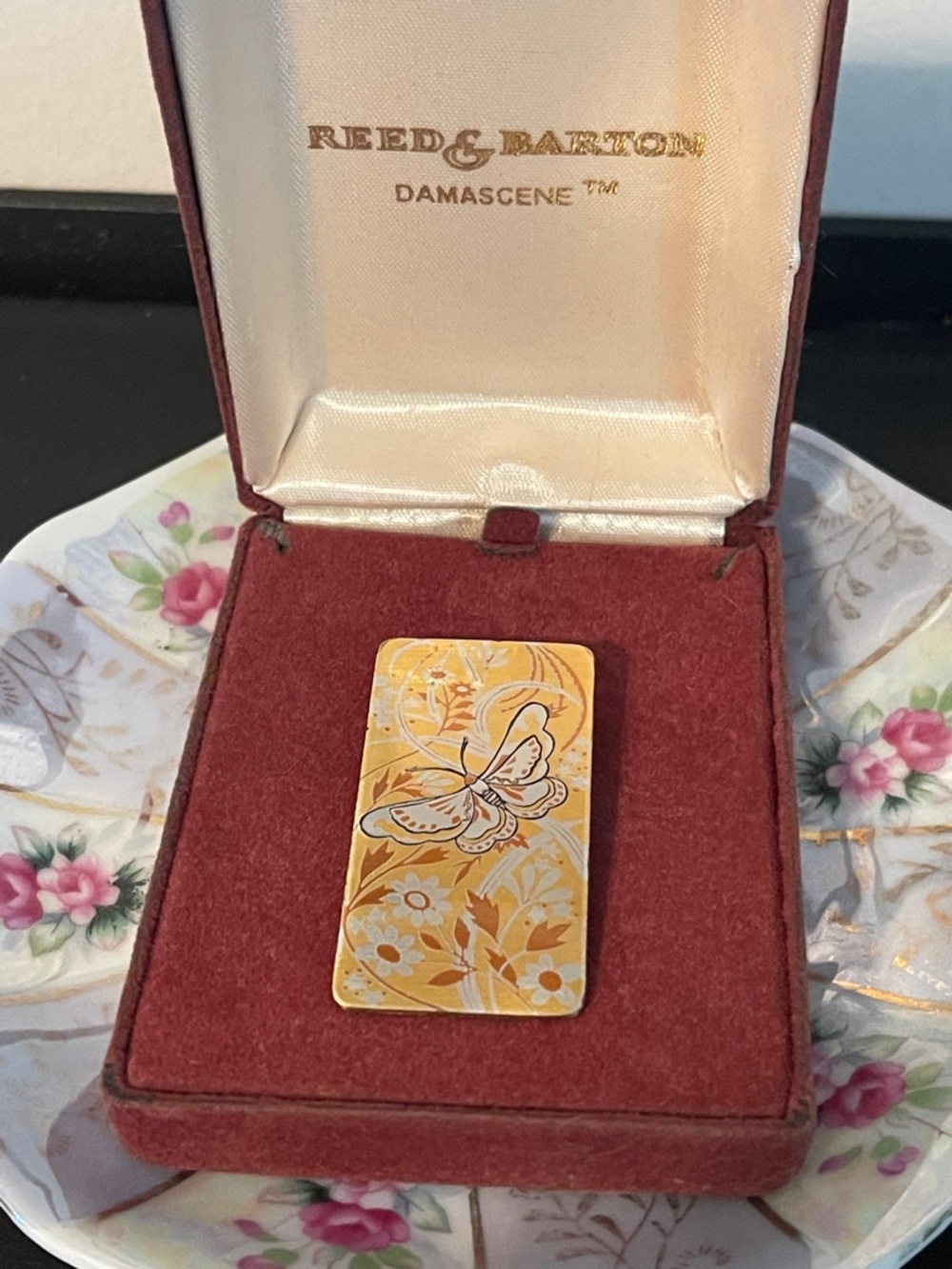 Vintage Reed & Barton Damascene Butterfly Pendant Brooch In Original Box